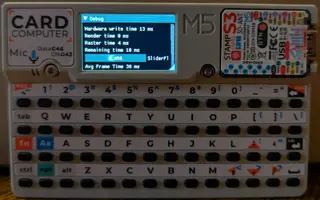 The screen shows a blue "Debug" header bar with cyan-colored text listing performance metrics: "Hardware write time 13 ms", "render time 8 ms", "Raster time 4 ms", and "Remaining time 0 ms". Below that is a blue progress bar labeled "sliderFl," followed by "Avg Frame Time" of 30ms in cyan text.