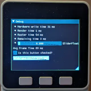 The screen shows a blue "Debug" header with bullet points listing: "Hardware write time 31 ms," "Render time 1 ms," "Raster time 54 ms," and "Remaining time 4 ms." Below that is a blue progress bar labeled "SliderFloat" showing a value of 0.000. Additional text displays "Avg Frame Time 89 ms" and "Is this button checked?" There is a black diagnal line through both the progress bad and the button.
