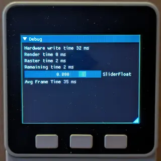 The screen shows a blue "Debug" header bar with cyan-colored text listing: "Hardware write time 32 ms", "Render time 0 ms", "Raster time 2 ms", and "Remaining time 2 ms". Below that is a blue progress bar labeled "SliderFloat" displaying a value of 0.980, followed by "Avg Frame Time 35 ms" in cyan text. 