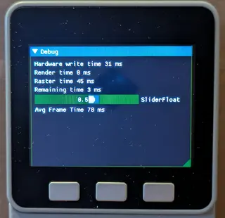 Cardputer screen showing default ImDuino UI rastered with alphablending in 32-bit color. The screen shows timing information including "Hardware write time 31 ms", "Render time 0 ms", "Raster time 45 ms", and "Remaining time 3 ms". A green progress bar labeled "sliderFloat" shows a value of 9.65, and the average frame time is listed as 78 ms. 